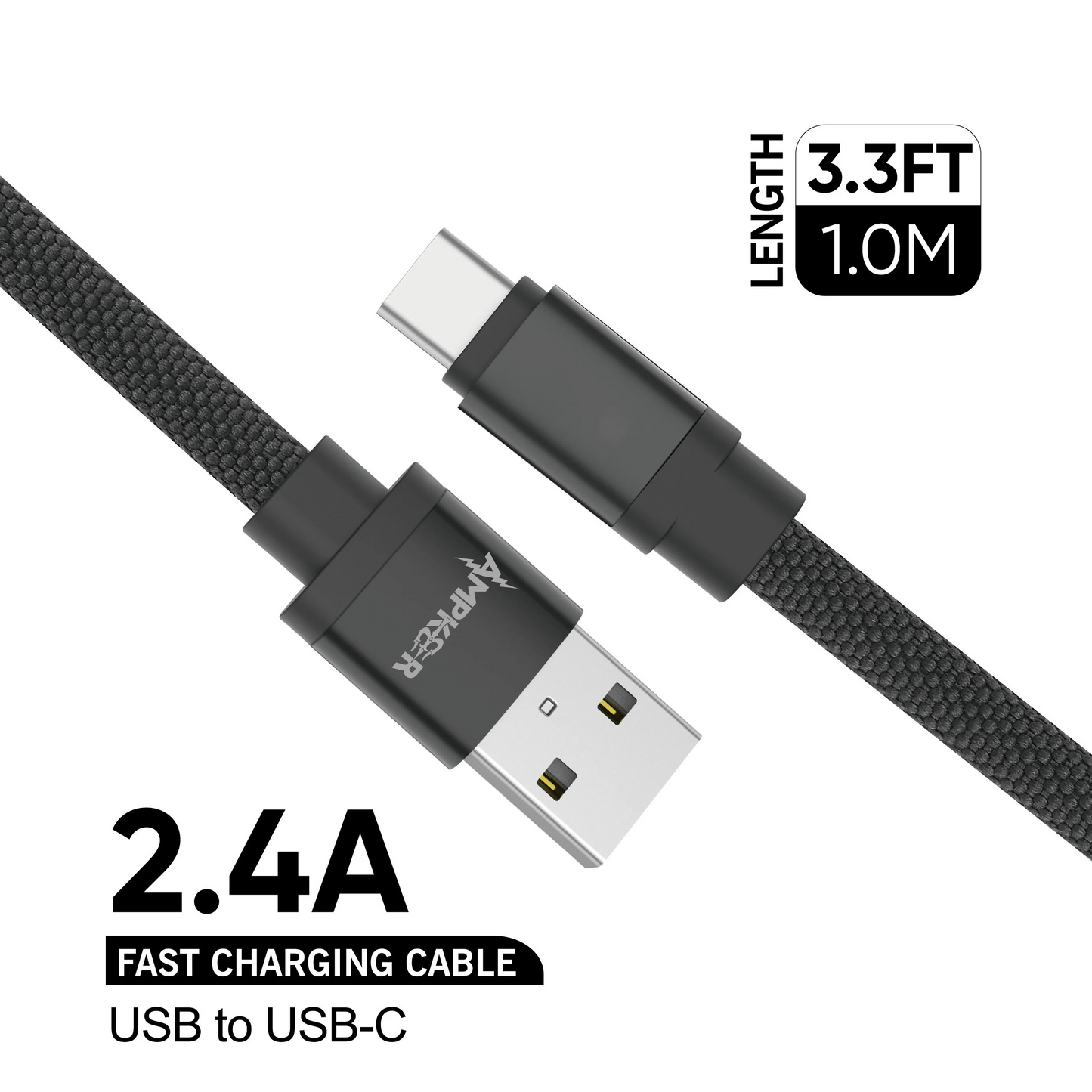 USB To USB-C Braided Cable - 3.3FT / 1M - 2.4A - Black Ampker Cables Chargers Black
