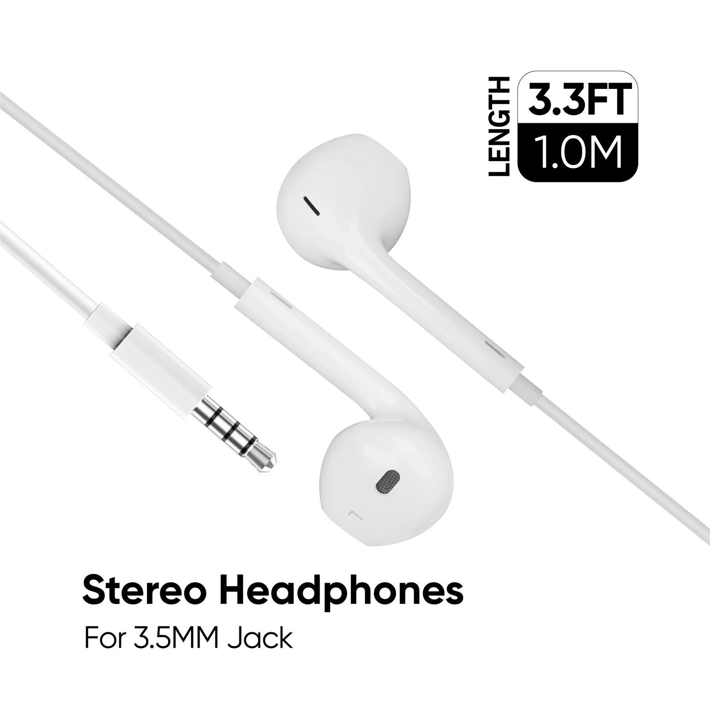 Stereo Handsfree Headphones For 3.5mm Jack - 3.3FT / 1M - White Ampker Cables Chargers White