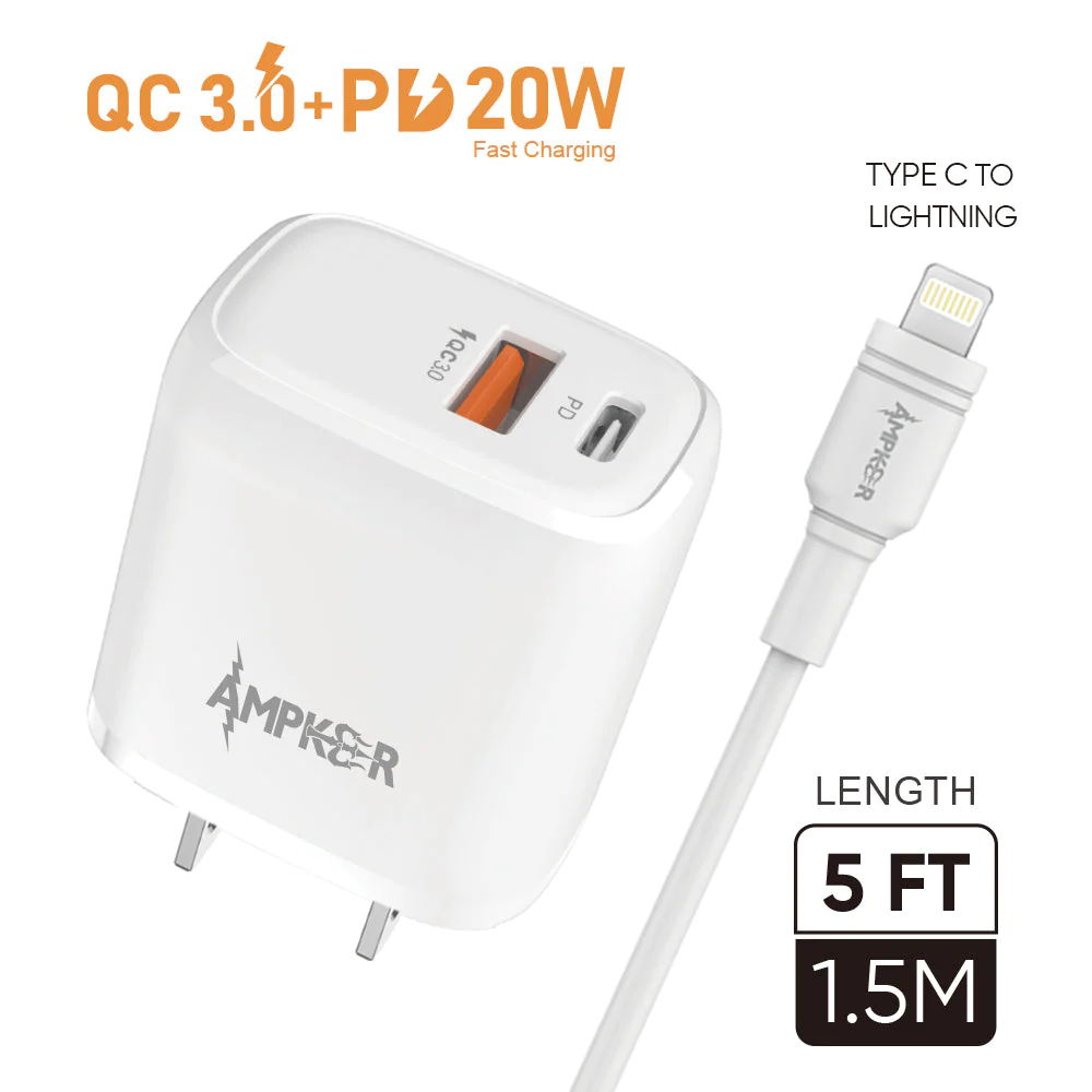 QC 3.0+PD 20W Combo (Wall Adapter Dual Ports + Cable) TPE 1.5M/5FT Type C to Lightning (PD) White Ampker Cables Chargers White