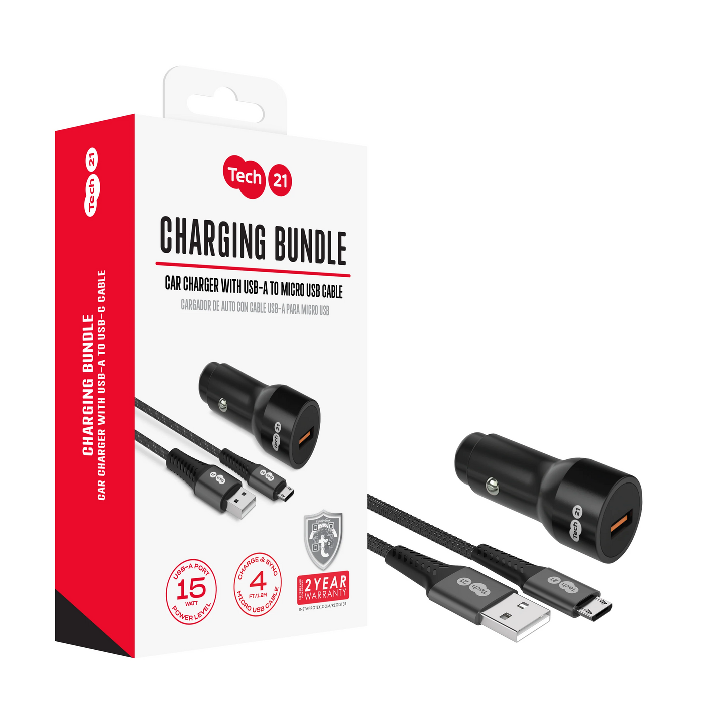 Tech21 2in1 Bundle 15W USB-A Car Charger with 4ft USB-A to Micro Cable - Black Universal Black