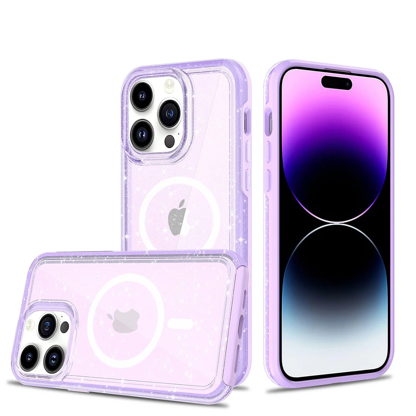 For Apple iPhone 14 6.1 MAGSAFE compatible Transparent Glitter 2.0mm Thick Hybrid Case Cover - Purple Apple iPhone 14 Purple