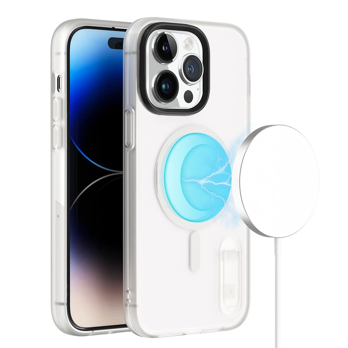 For Apple iPhone 14 PRO MAX 6.7 MagSafe Compatible Circle Design Hybrid with Stand Case Cover - Clear/Clear Apple iPhone 14 Pro Max Clear+Clear