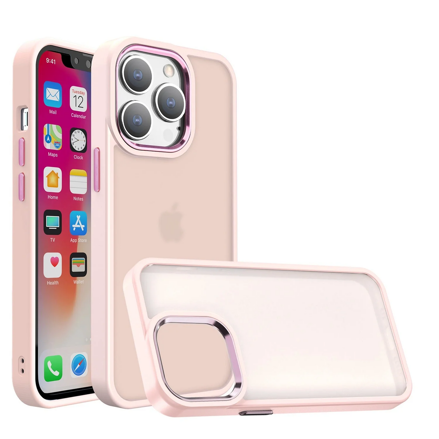 For Apple iPhone 14 PRO 6.1 Polished Oil Thick Acrylic Metal Button Hybrid Case Cover - Light Pink Apple iPhone 14 Pro Light Pink