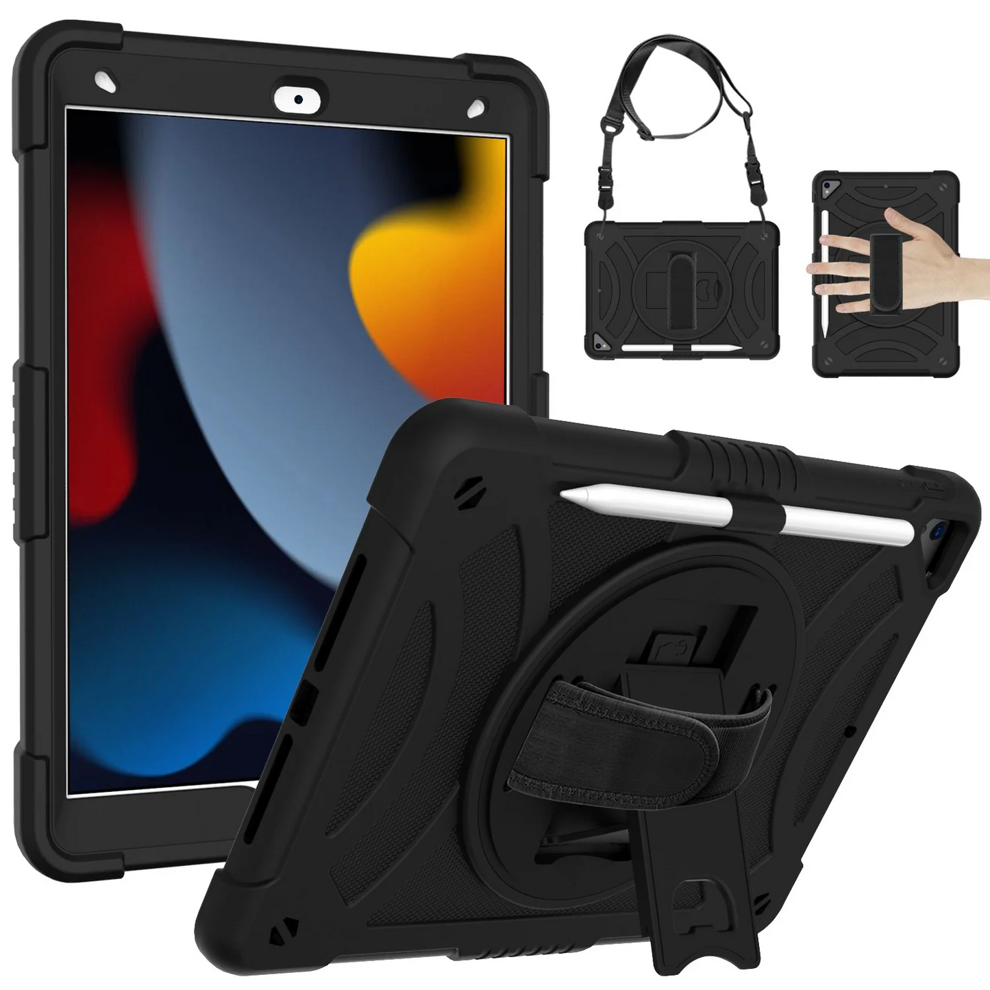 For Apple iPad Air 4 / iPad Air 5 / iPad Pro 11 inch 3in1 Tablet Hand and Shoulder Strap with Kickstand 3in1 Tough Hybrid - Black Apple iPad Air 5/4/iPad Pro 11 inch Black