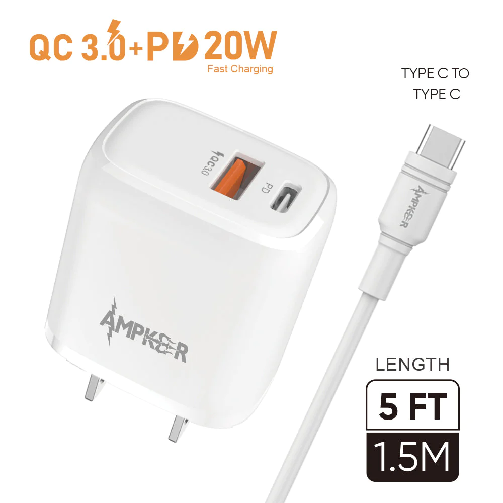 Ampker QC 3.0 / PD 20W Combo (Wall Adapter Dual Ports / Single Cable) TPE 1.5M / 5FT Type C to Type C White Ampker Cables Chargers White