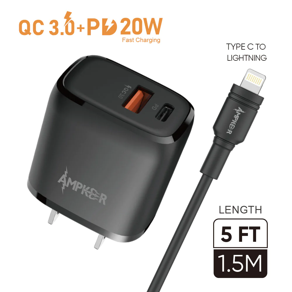 QC 3.0+PD 20W Combo (Wall Adapter Dual Ports + Cable) TPE 1.5M/5FT Type C to Lightning (PD) Black Ampker Cables Chargers Black