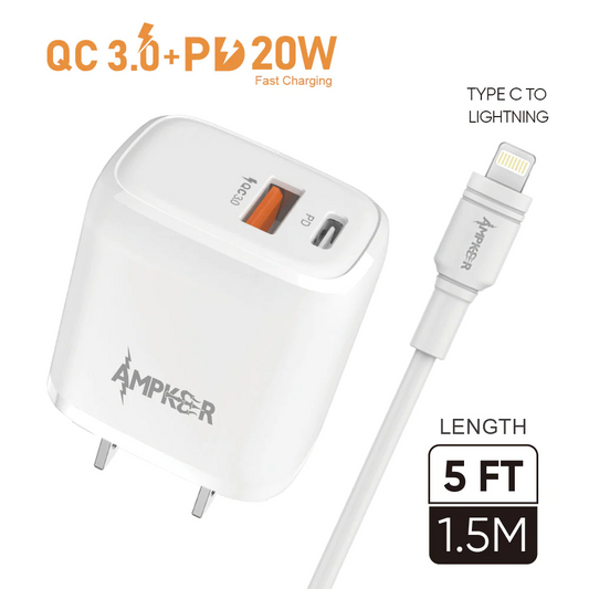 QC 3.0+PD 20W Combo (Wall Adapter Dual Ports + Cable) TPE 1.5M/5FT Type C to Lightning (PD) White Ampker Cables Chargers White
