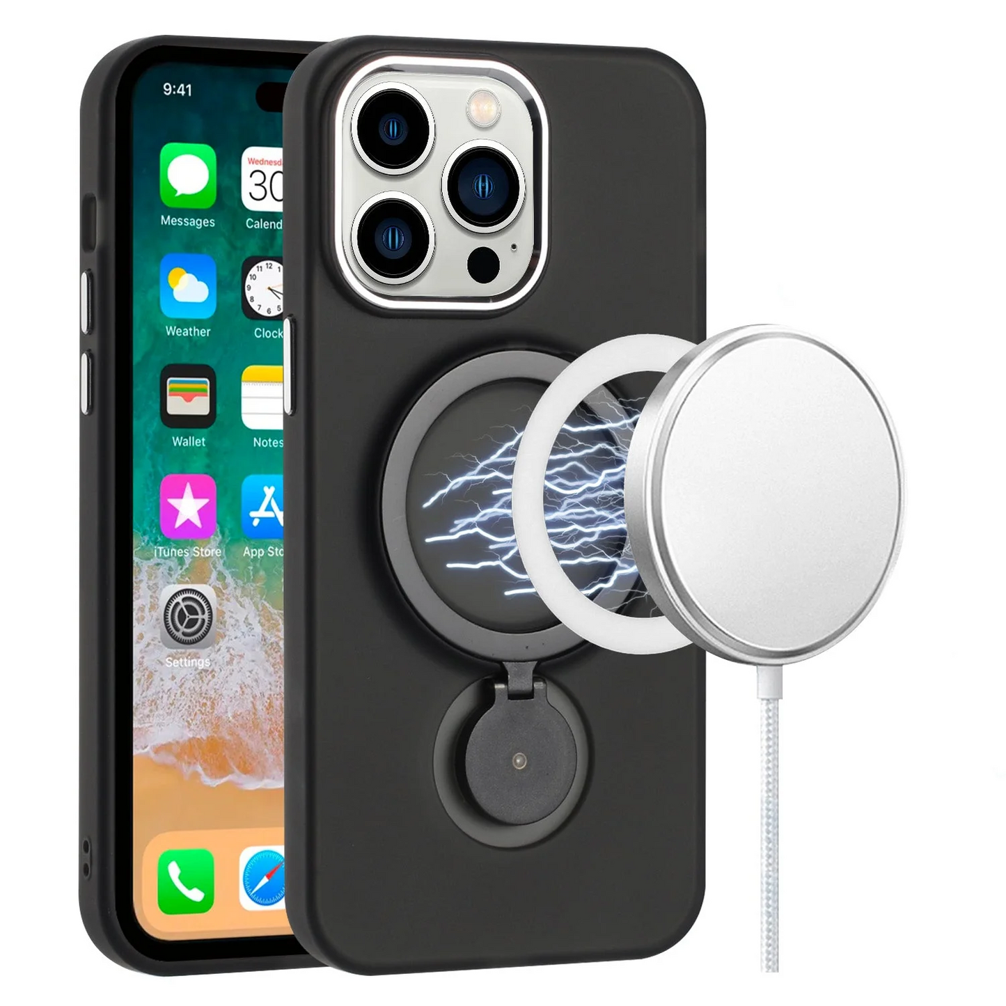 For Samsung S23 Ultra MagSafe Compatible Hoop 360 degree Ring Stand HD Transparent Chrome Hybrid Case Cover - Black Samsung Galaxy s23 Ultra Black