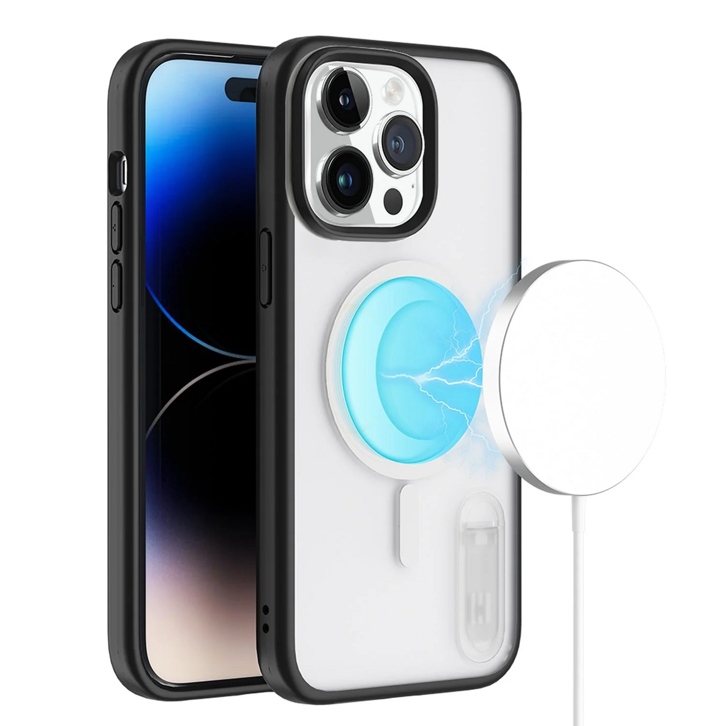 For Apple iPhone 14 6.1 MagSafe Compatible Circle Design Hybrid with Stand Case Cover - Clear/Black Apple iPhone 14 Clear / Black