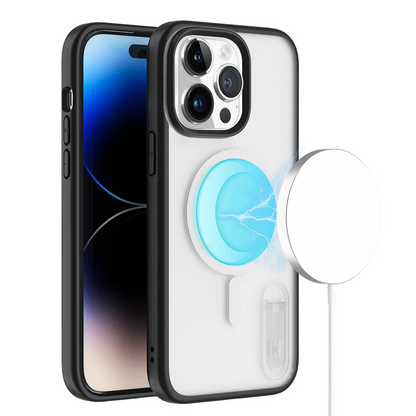 For Apple iPhone 14 6.1 MagSafe Compatible Circle Design Hybrid with Stand Case Cover - Clear/Black Apple iPhone 14 Clear / Black