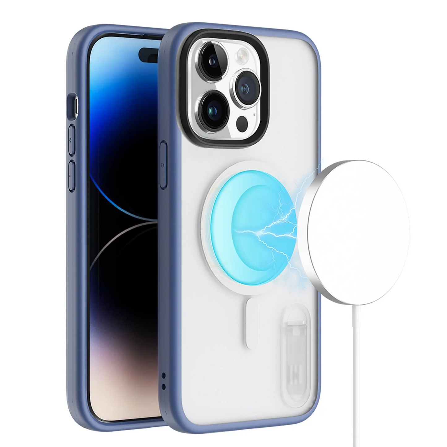 For Apple iPhone 14 6.1 MagSafe Compatible Circle Design Hybrid with Stand Case Cover - Clear/Blue Apple iPhone 14 Clear+Blue
