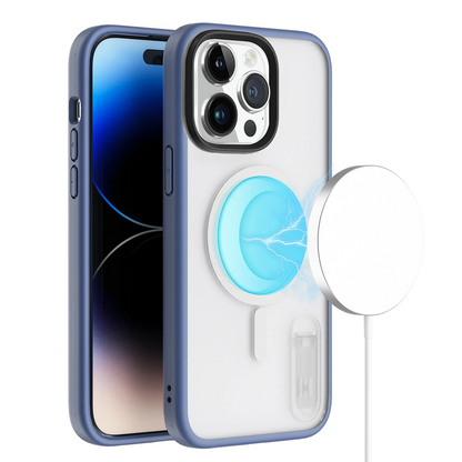 For Apple iPhone 14 6.1 MagSafe Compatible Circle Design Hybrid with Stand Case Cover - Clear/Blue Apple iPhone 14 Clear+Blue