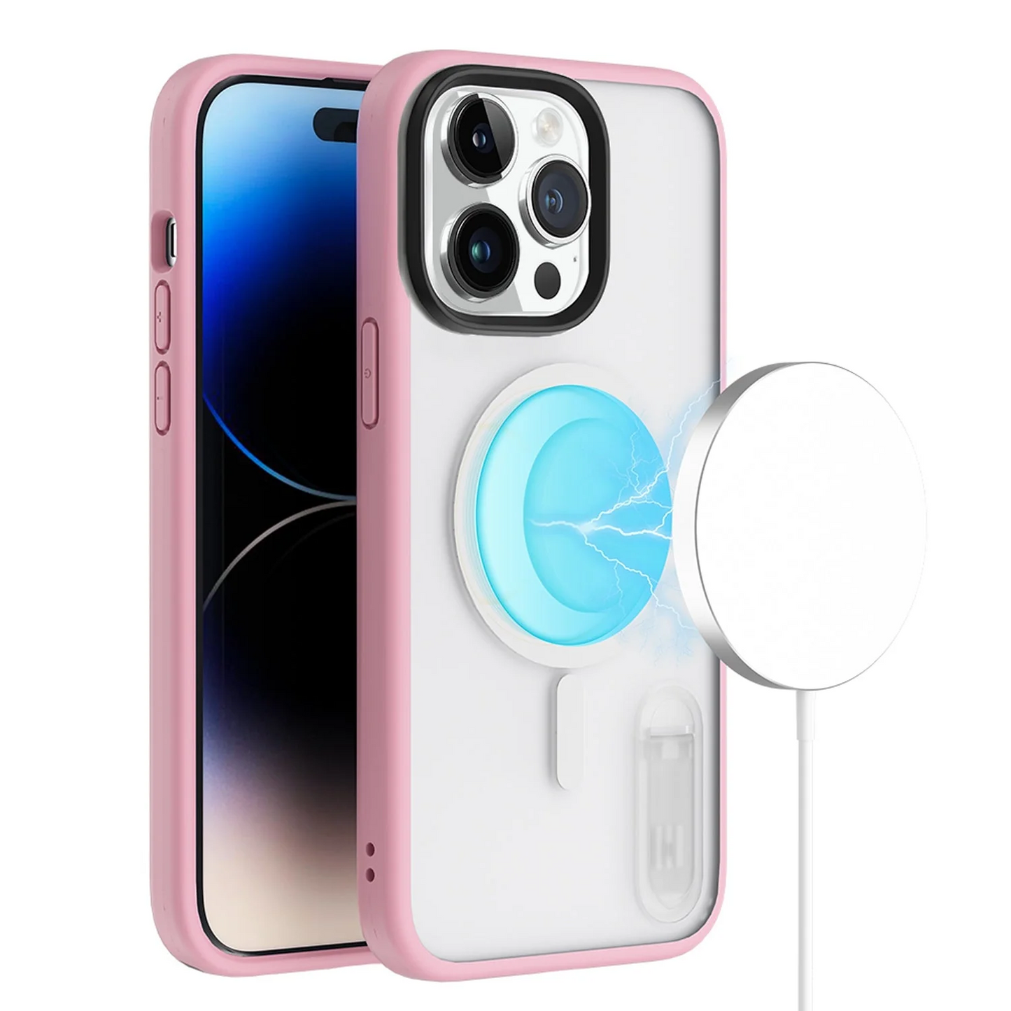 For Apple iPhone 14 6.1 MagSafe Compatible Circle Design Hybrid with Stand Case Cover - Clear/Pink Apple iPhone 14 Clear+Pink