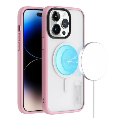 For Apple iPhone 14 6.1 MagSafe Compatible Circle Design Hybrid with Stand Case Cover - Clear/Pink Apple iPhone 14 Clear+Pink