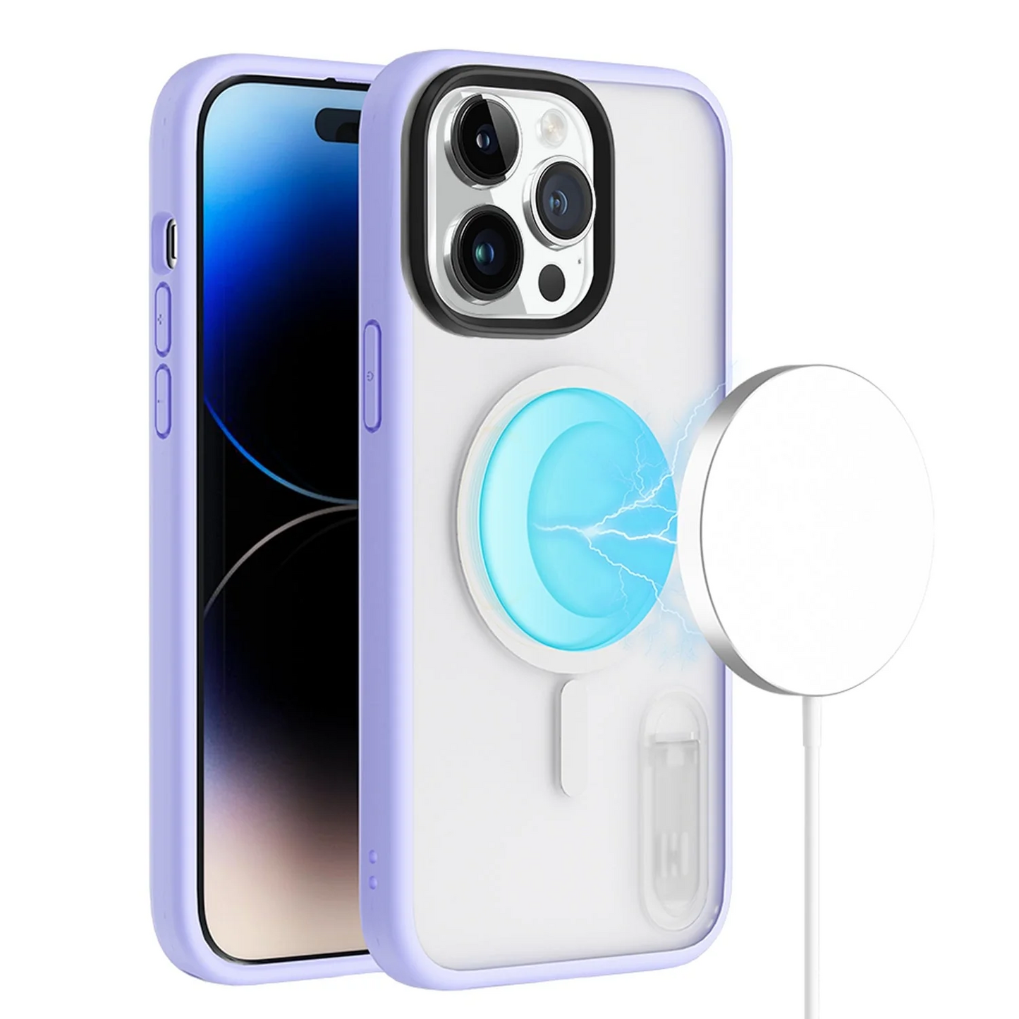 For Apple iPhone 14 PRO MAX 6.7 MagSafe Compatible Circle Design Hybrid with Stand Case Cover - Clear/Purple Apple iPhone 14 Pro Max Clear+Purple