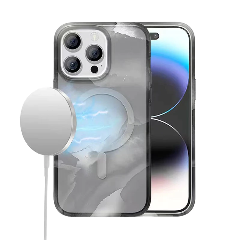 For Apple iPhone 14 PRO 6.1 MagSafe Compatible WaterColor Design Gradiant Thick Premium Hybrid Case Cover - Black Apple iPhone 14 Pro Black