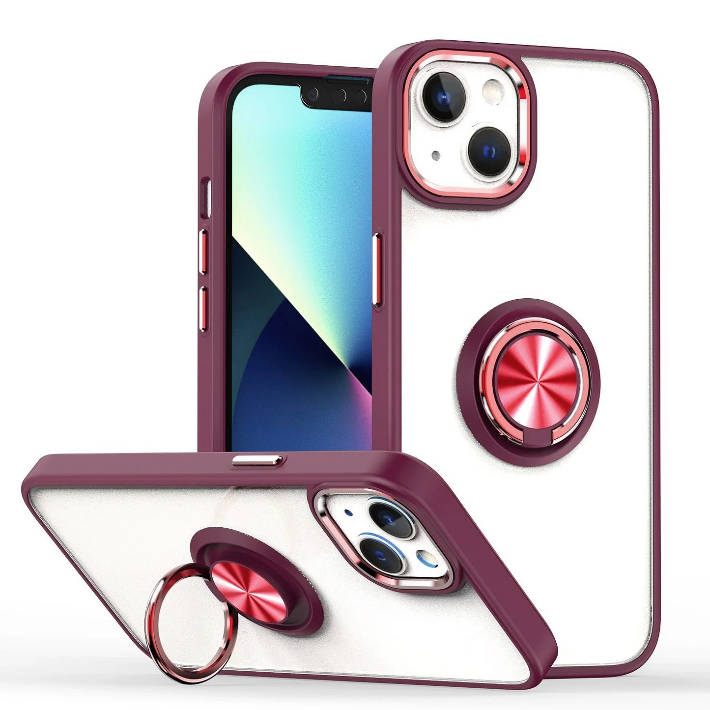 For Apple iPhone 14 6.1 Attractive Chromed Thick Ring Stand Hybrid Cover Case - Burgundy Apple iPhone 14 Burgundy
